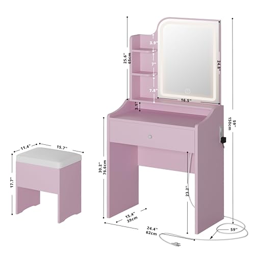 LIKIMIO Small Makeup Vanity Desk with Mirror and Lights, Vanity Table Set with Storage Drawer, Chair and Three Shelves, Bedroom, White