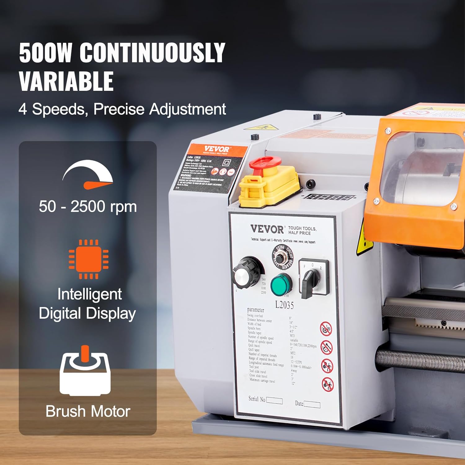 VEVOR Metal Lathe Machine, 7.87'' x 13.78'', Precision Benchtop Power Metal Lathe, 50-2500 RPM Continuously Variable Speed