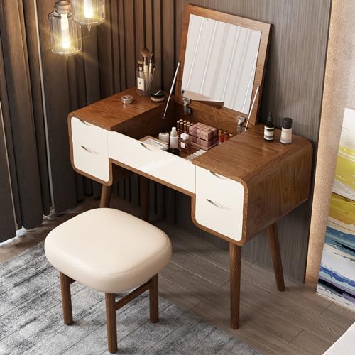 Lartis Flip Top Vanity Table Stylish Makeup Vanity with Stool, Makeup Vanity Desk, Reversible Makeup Mirror, Hidden Storage Compartment