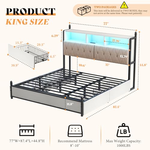 AMERLIFE Full Size Bed Frame with Bookcase Headboard, 4 Storage Drawers, Wooden Platform Bed with Charging Station & LED Light, No Box Spring Needed
