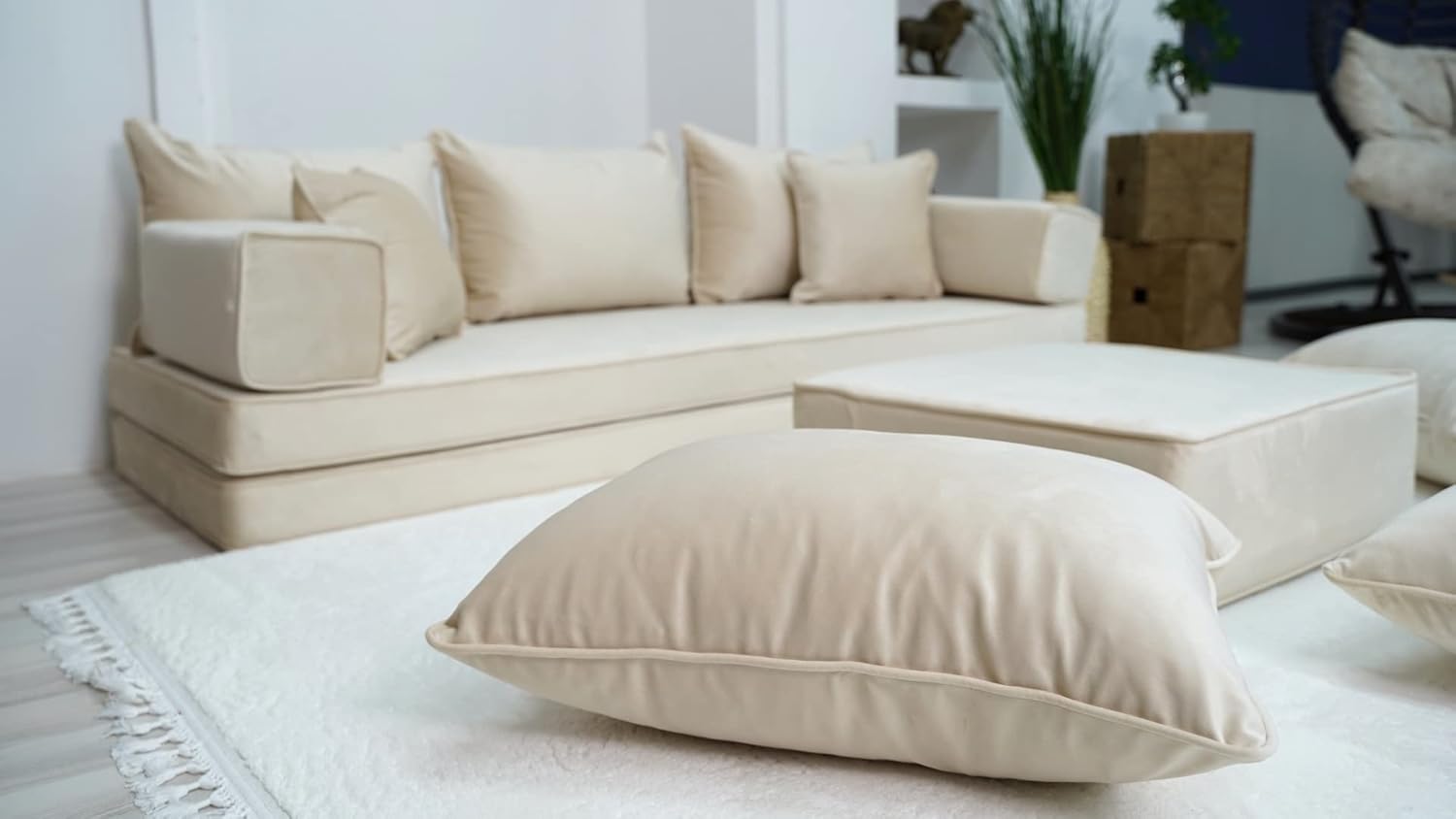 Velvet Floor Sofa, Meditation Sofa, 4" Thick Velvet Beige Floor Seating, Loveseat, Custom Cushion, Customizable Cushion, Floor Couch (Sofa Full Set