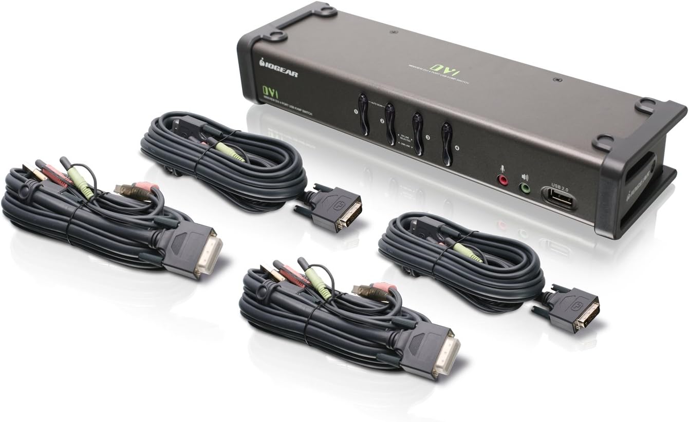IOGEAR 4-Port DVI KVMP Switch with Cables and Wireless Media Center Keyboard and Mouse, w/Full Set of Cables, (GCS1104-KM1)