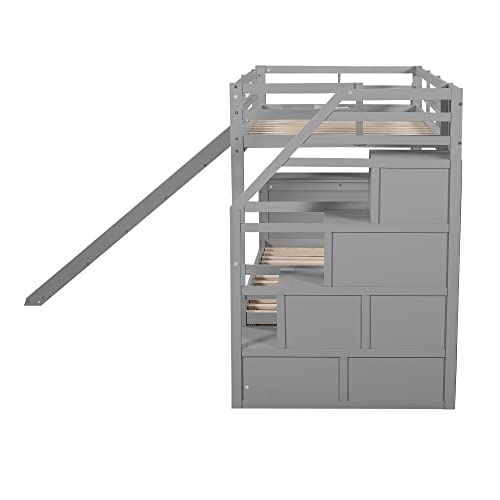 Full-Over-Full Castle Style Bunk Bed with 2 Drawers and 3 Shelves, Wood Bunk Bed Frame with Slide and Storage Staircase for Kids Teens Boys Girls