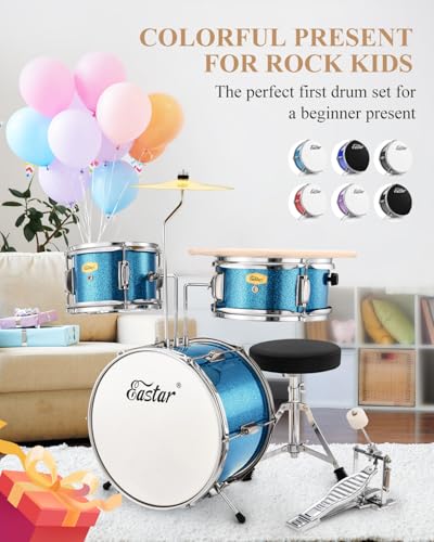 Kids Drum KIt Eastar 3-Piece for Beginners, 14 inch Drum Set with Adjustable Throne, Cymbal, Pedal & Two Pairs of Drumsticks