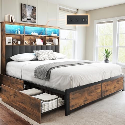 HISOFT Queen Bed Frame with Storage Headboard, Wood Bed with High Storage Bookcase, 4 Drawers & LED & Charging Station