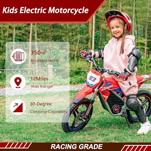 OLALA 36V Electric Dirt Bike for Kids Aged 4-8, Brushless 350W Racing Grade Electric Motorcycle, Up to 18.6MPH & 3 Speed Settings, Dual Disc Brakes