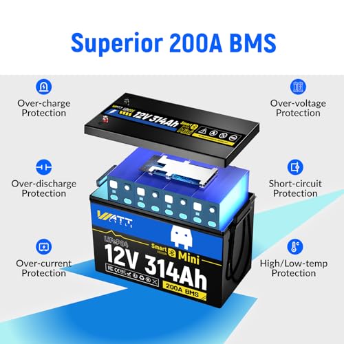 12V 314Ah Mini LiFePO4 Lithium Battery with Bluetooth 5.0, 200A BMS, 4.01kWh Energy, Upgraded Aluminum Cooling Fins & Braided Copper Wires, for RV