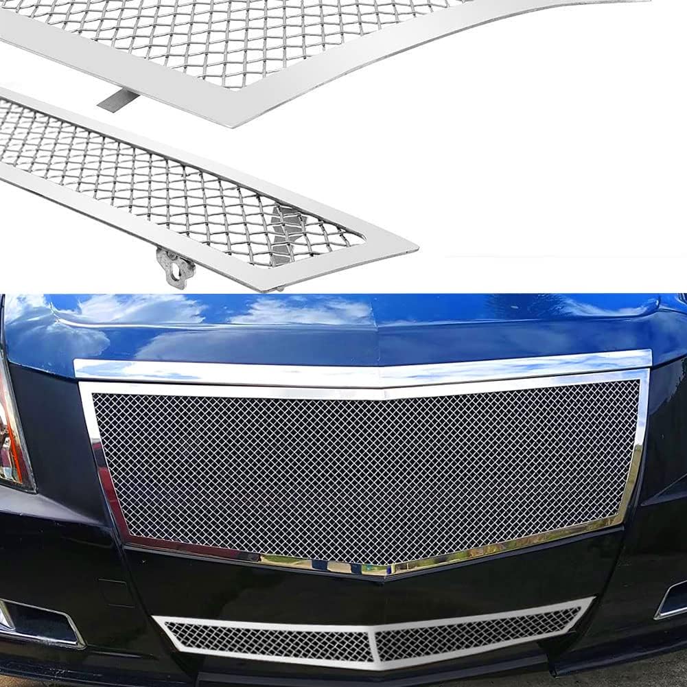 Stainless Steel Mesh Grille Grill Insert Combo Compatible with 2008 2009 2010 2011 2012 2013 Cadillac CTS include Upper+lower (Black Powder Coated)