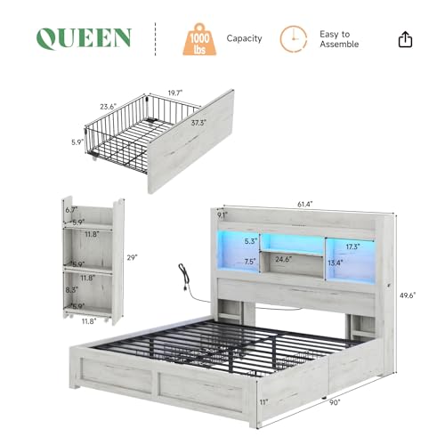 AMERLIFE Queen Bed Frame with 4 Storage Drawers, LED Platform Bed with 49" Bookcase Headboard