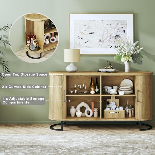 Sideboard Buffet Cabinet with Storage, 54.3" Fluted Tambour, Adjustable Shelves, Mid Century Modern Console for Living Room Kitchen Walnut