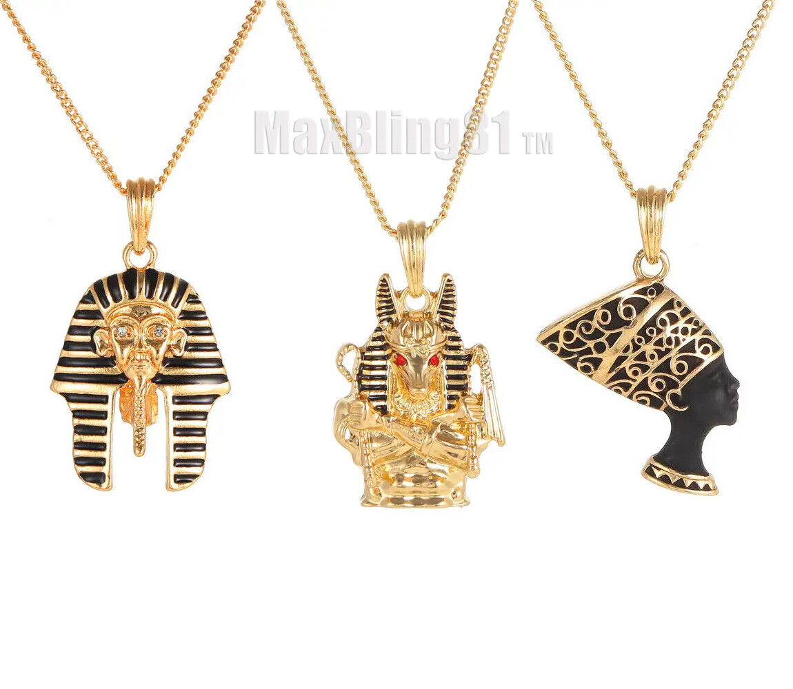 Egyptian King Tut Pharaoh Nefertiti Anubis Pendant Cuban Chain Hip Hop Necklace