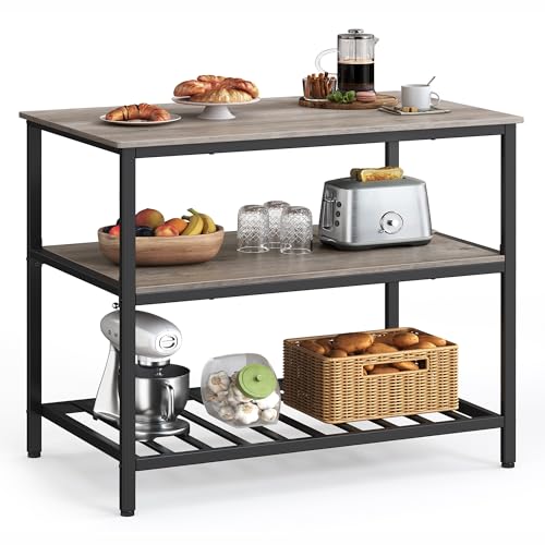 VASAGLE Kitchen Island with 3 Shelves, 47.2 Inches Width Kitchen Shelf with Large Worktop, Stable Steel Structure, Industrial, Easy to Assemble