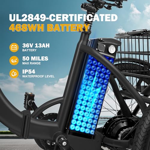 Triker Electric Bike, Peak 750W Brushless Motor Folding Trike Ebike, 468Wh Removable Battery, Step-Thru 3 Wheel Electric Bicycle, Up to 50 Miles
