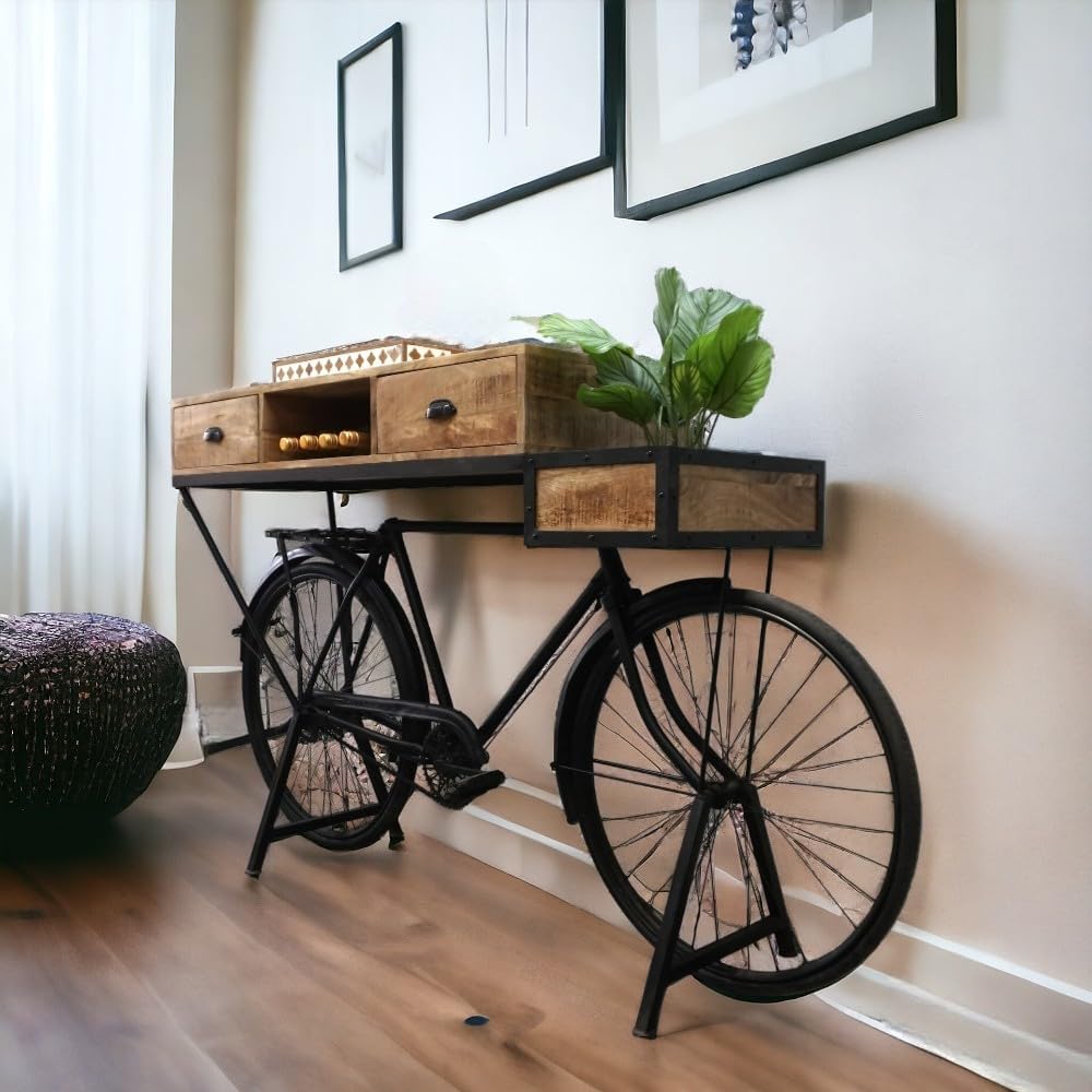 Sundara Furnishings Vintage Bicycle Console Table with Drawers & Storage, Mango Wood, 76L x 18W x 44H inches