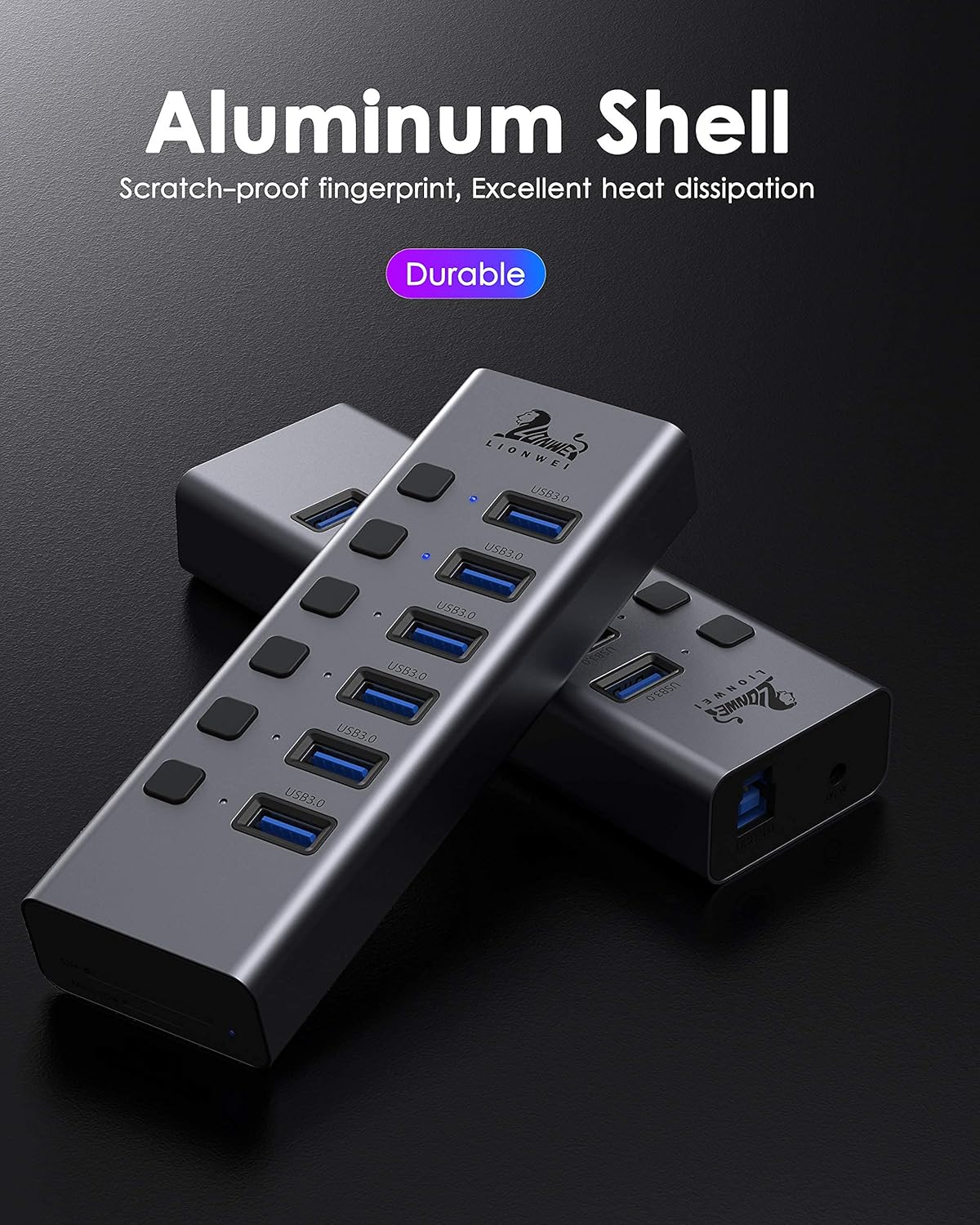 Universal 8-Port Powered USB 3.0/USB C Hub, Aluminum USB Splitter with 6 USB 3.0 Data Ports, SD/TF Card Readers, On/Off Power Switches, AC Adapter
