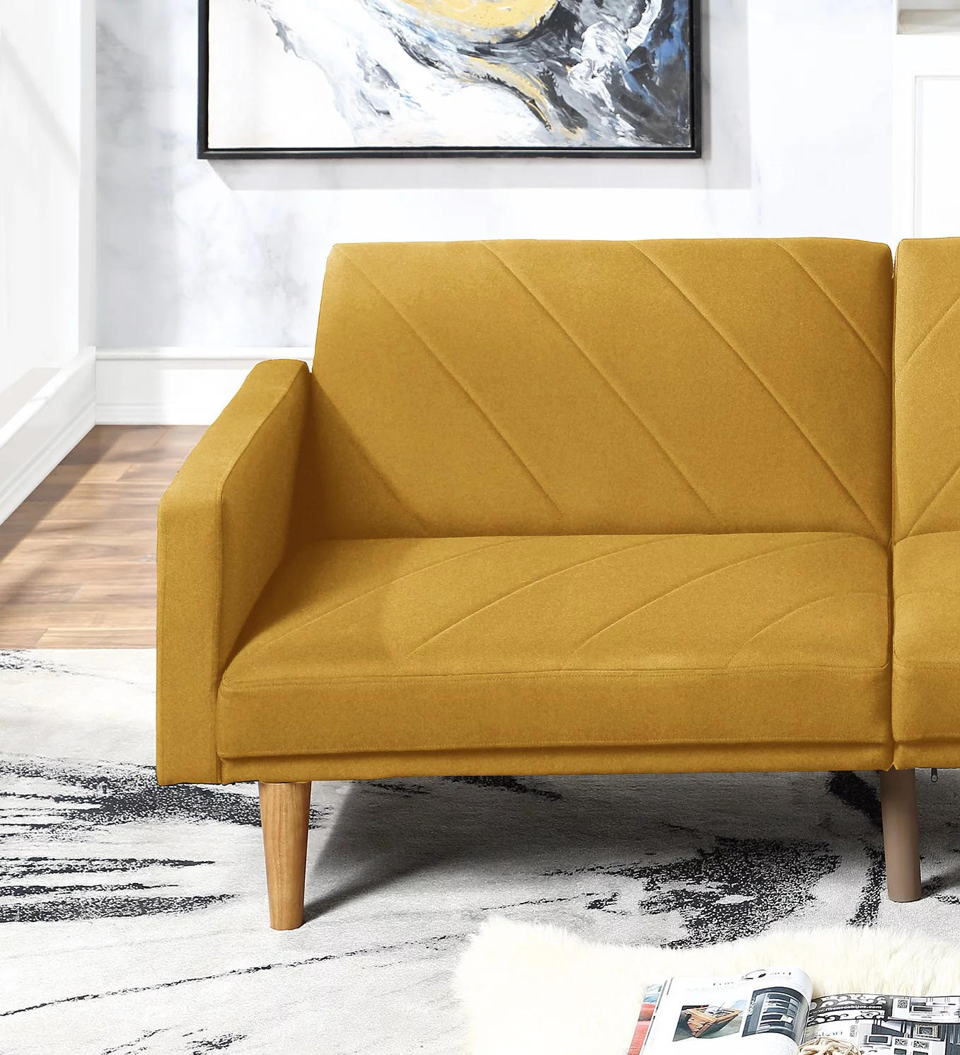 Modern Electric 1pc Convertible Sofa Couch Mustard Color Linen Like Fabric Cushion Clean Lines Wooden Legs Living Room