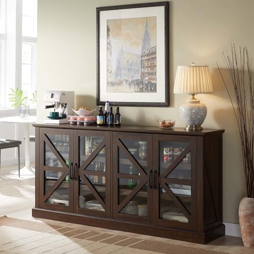Farmhouse Buffet Cabinet with Storage, 70" Wood Rustic Sideboard Buffet Cabinet w/4 Glass Barn Doors & Adjustable Shelf