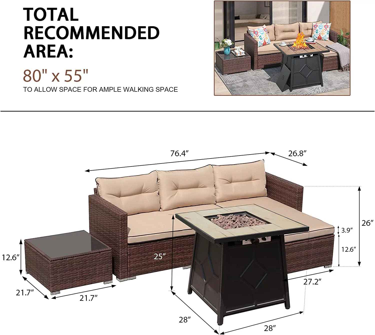 Patio Furniture Set with 28" Fire Pit Table, 4 Piece Outdoor Small Sectional Sofa Wicker Conversation Set with Tempered Glass Coffee Table, 40