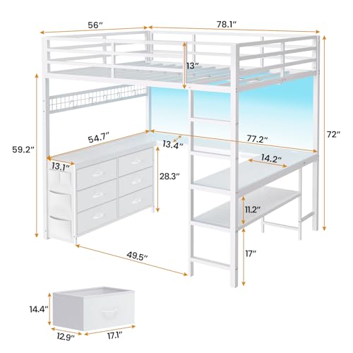 ADORNEVE Loft Bed Full Size with U-Shaped Desk, 6 Storage Drawers, Power Outlet, LED Metal Loft Bed with 2 Storage Shelves