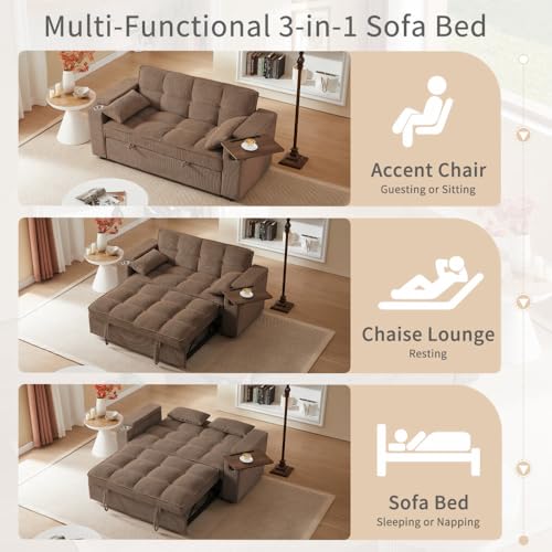 68.11" Corduroy Sleeper Chair Bed with USB Port, Cup Holders & Side Storage Pockets – 3-in-1 Foldable Sofa Bed for Guest Room, Living Room – White