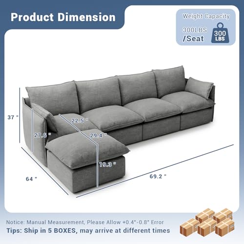 Cloud Modular Sectional Sofa, Waterproof Down Filled Sectional Sofas, High Backrest V Shaped 5 Seater Sectional Couches for Living Room