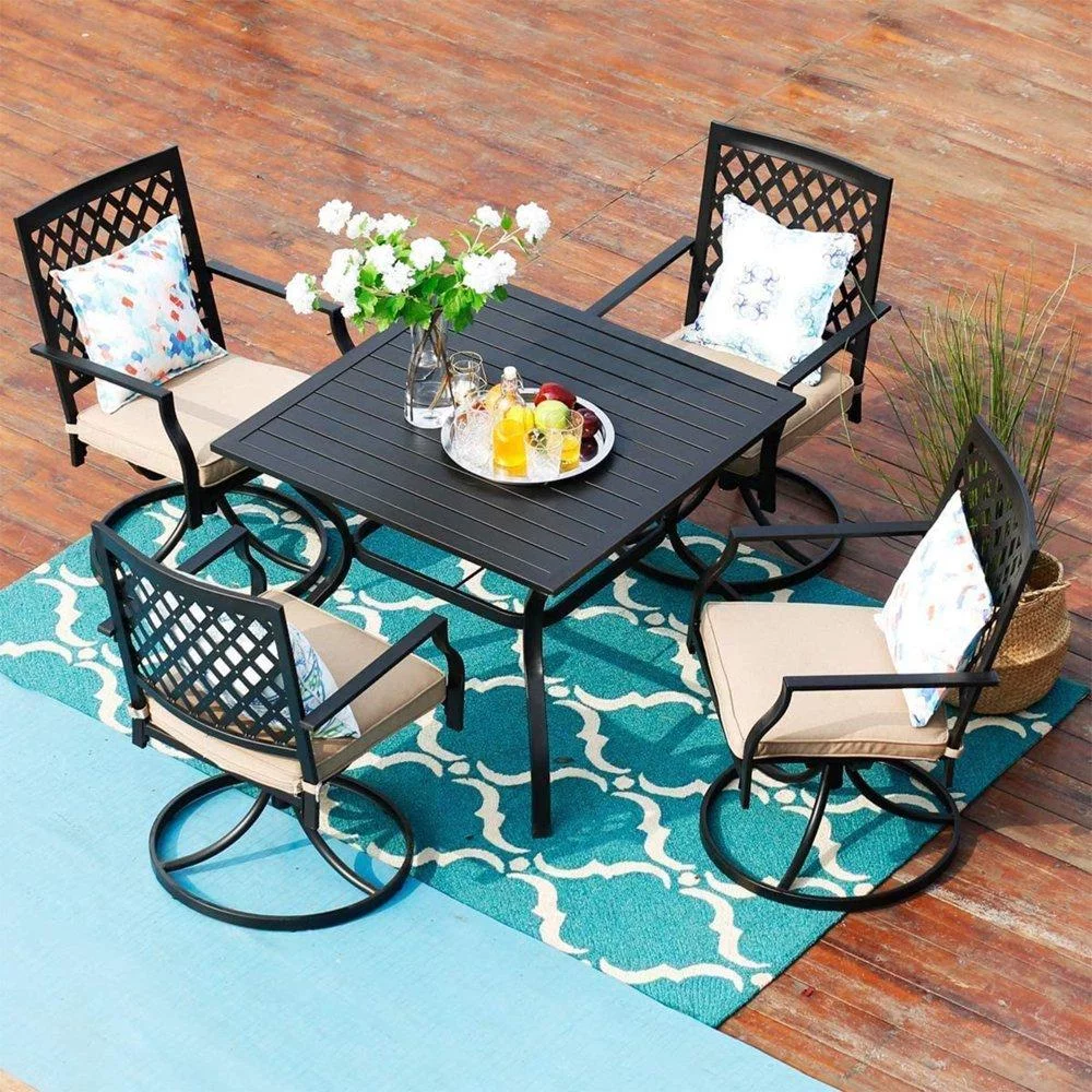MF Studio 5-Piece Patio Dining Set Outdoor Metal Furniture with 4 Swivel Padded Chairs& 37" Square Table, Beige Cushion