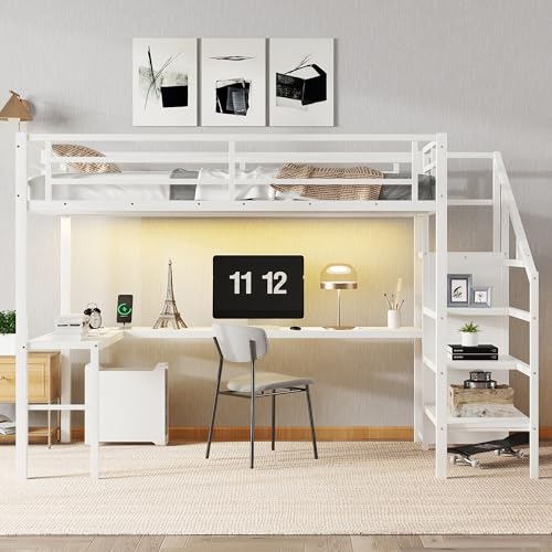 Bellemave Full Size Metal Loft Bed with L Shaped Desk and Wardrobe, Heavy Duty Loft Bed Frame with Storage Stairs