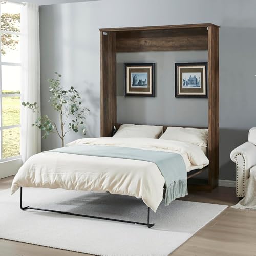 MERITLINE Queen Size Murphy Bed with Storage Bookcase Shelves,Cabinet and Charging Station,Wood Folding White Murphy Wall Bed