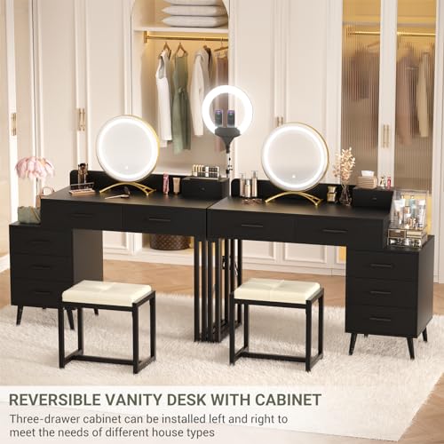 White Vanity Desk with Mirror and Lights, Modern Makeup Vanity Table Set with 6 Storage Drawers and Cushioned Stool for Bedroom