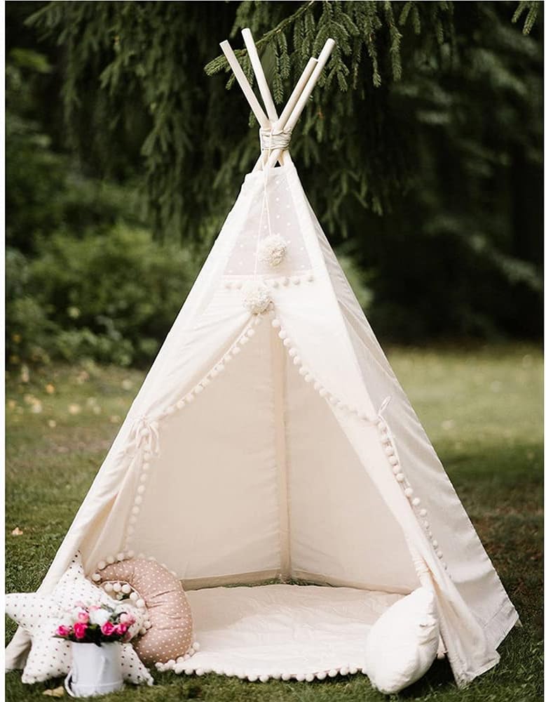 RONG FA Kids Teepee Tent- Foldable Teepee Play Tent for Boys and Girls, Indoor/Outdoor Cotton Canvas Tent (Lace White Pompom)