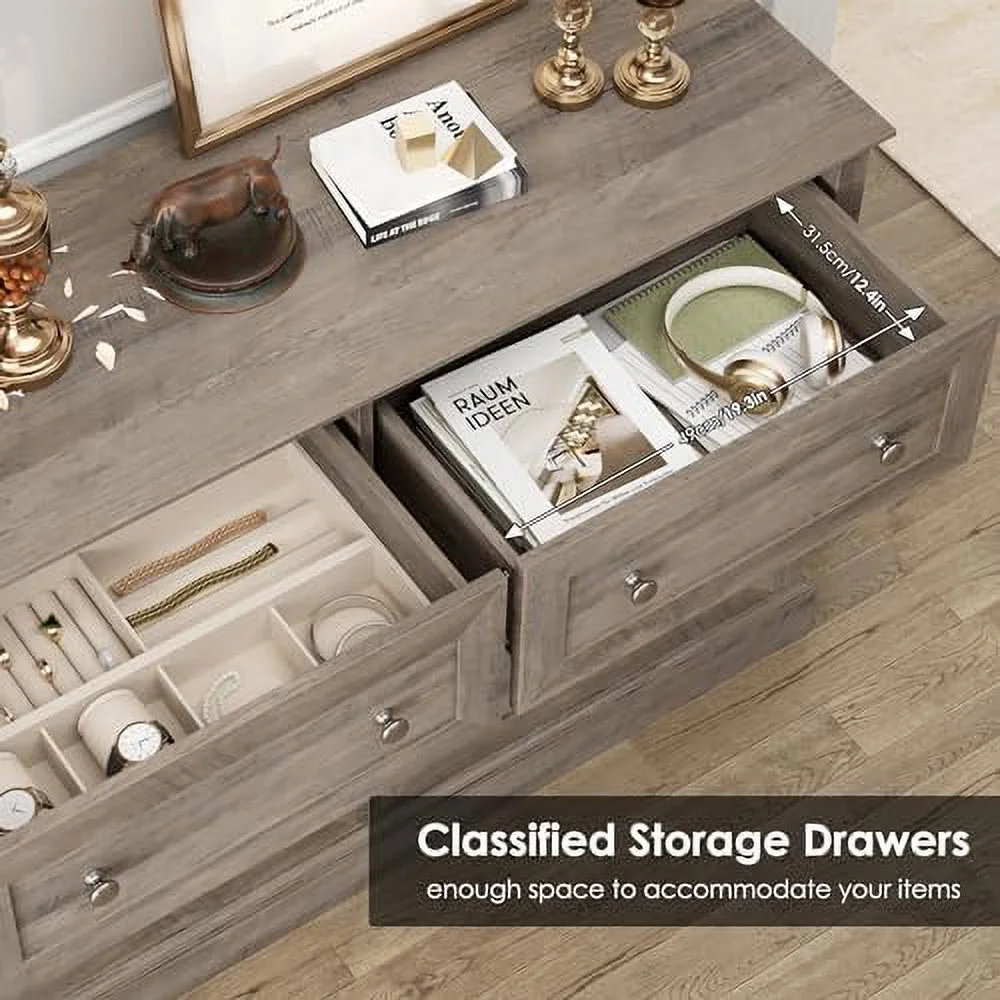6 Drawer Double Dresser  Wood Dresser Chest  Wide Chest of Drawers with Deep Drawers &amp; Mental Double Handles for Hallway Living Room  Wash Gray