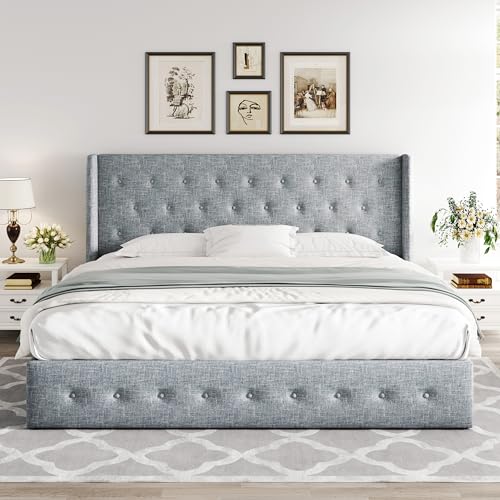 Allewie Full Size Lift Up Storage Bed, Modern Wingback Headboard, Hydraulic Support, No Box Spring Needed, Light Beige