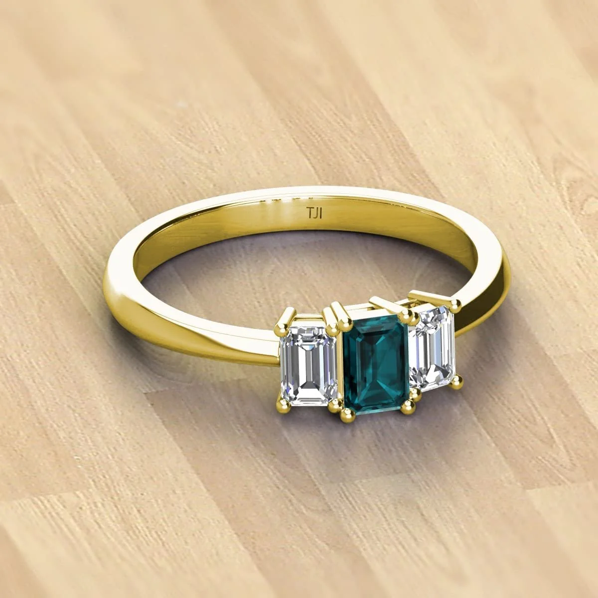 Emerald Cut 6x4 mm London Blue Topaz & Lab Grown Diamond 1 1/3 ctw 3 Stone Engagement Ring 14K Yellow Gold-4.25