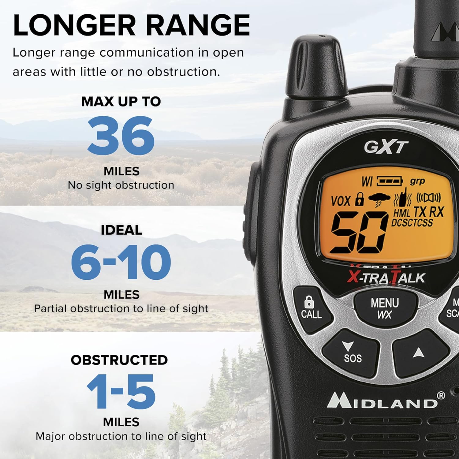 Midland 50 Channel Waterproof GMRS Two-Way Radio - Long Range Walkie Talkie with 142 Privacy Codes, SOS Siren