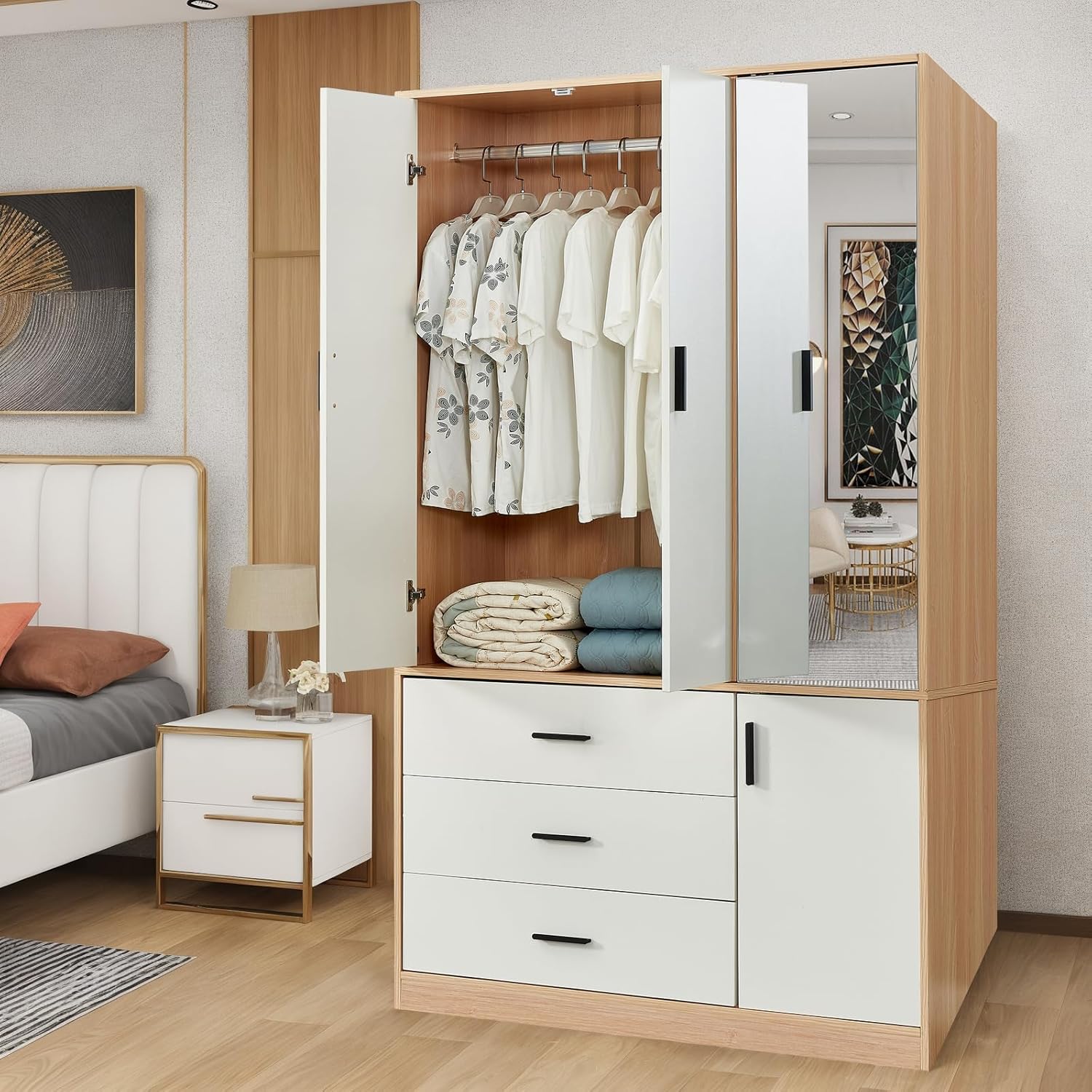 Wardrobe Closet, Armoire Wardrobe Closet with 3 Drawers, Bedroom Armoires with 2 Doors, Closet Cabinet with a Mirror