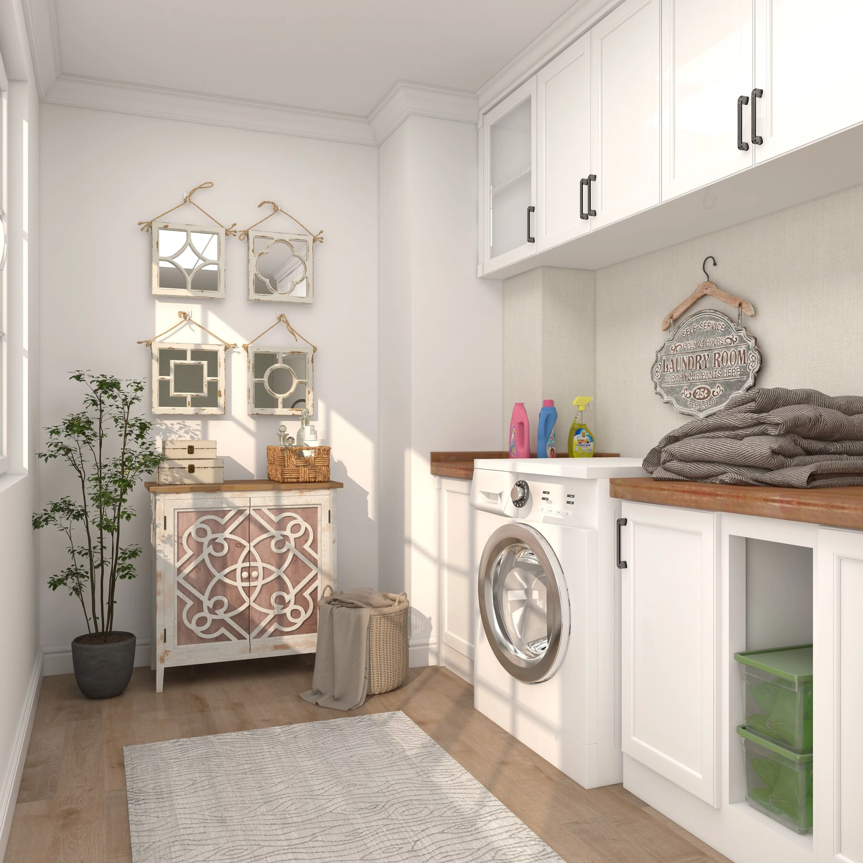 DecMode 28" x 31" Light Brown Wood 1 Shelf and 2 Door Geometric Cabinet with Carved Relief Overlay, 1-Piece