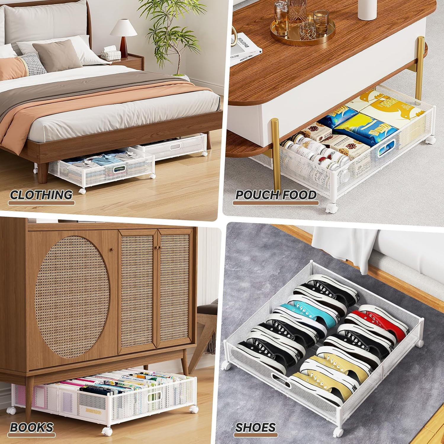 Under Bed Storage Containers with Wheels - Shoe Storage Organizer Drawer, Tool-free Assembly Metal Underbed Storage Containers for Bedroom Clothes