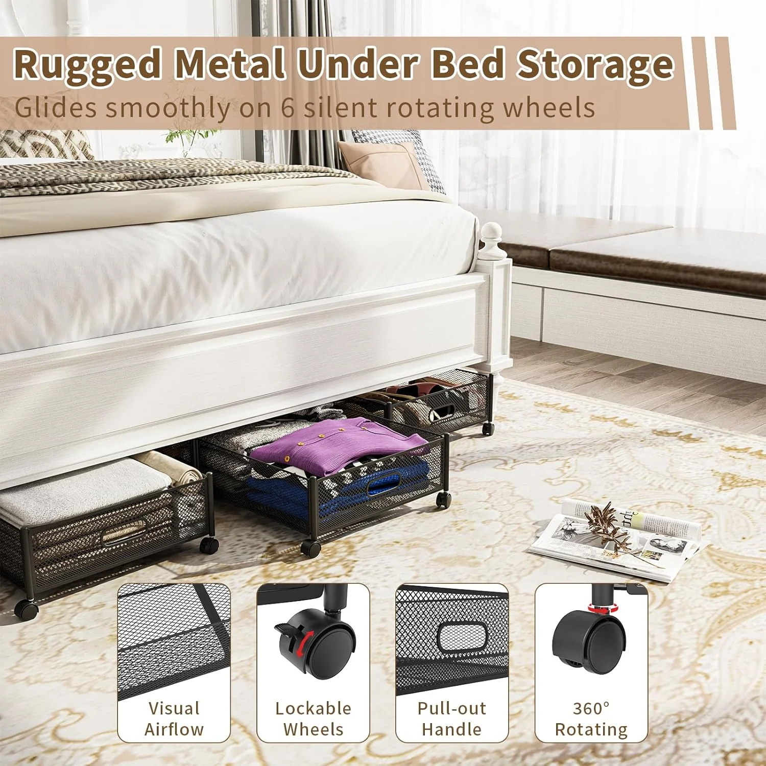 47.2'' Long Under Bed Storage on Wheels, 57.6L Large Capacity Rolling Under the Bed Storage Containers