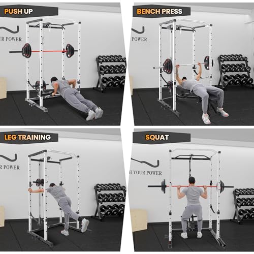 Power Cage with LAT Pulldown, Multi-Functional Power Rack with Cable Pulley System and J-Hooks, Squat Rack with Dip Bars and Landmine Attachment