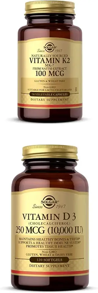 Solgar Vitamin K2 (MK-7) 100mcg, 50 Vegetable Capsules - Supports Bone Health Vitamin D3 (Cholecalciferol) 250 MCG (10,000 IU), 120 Softgels