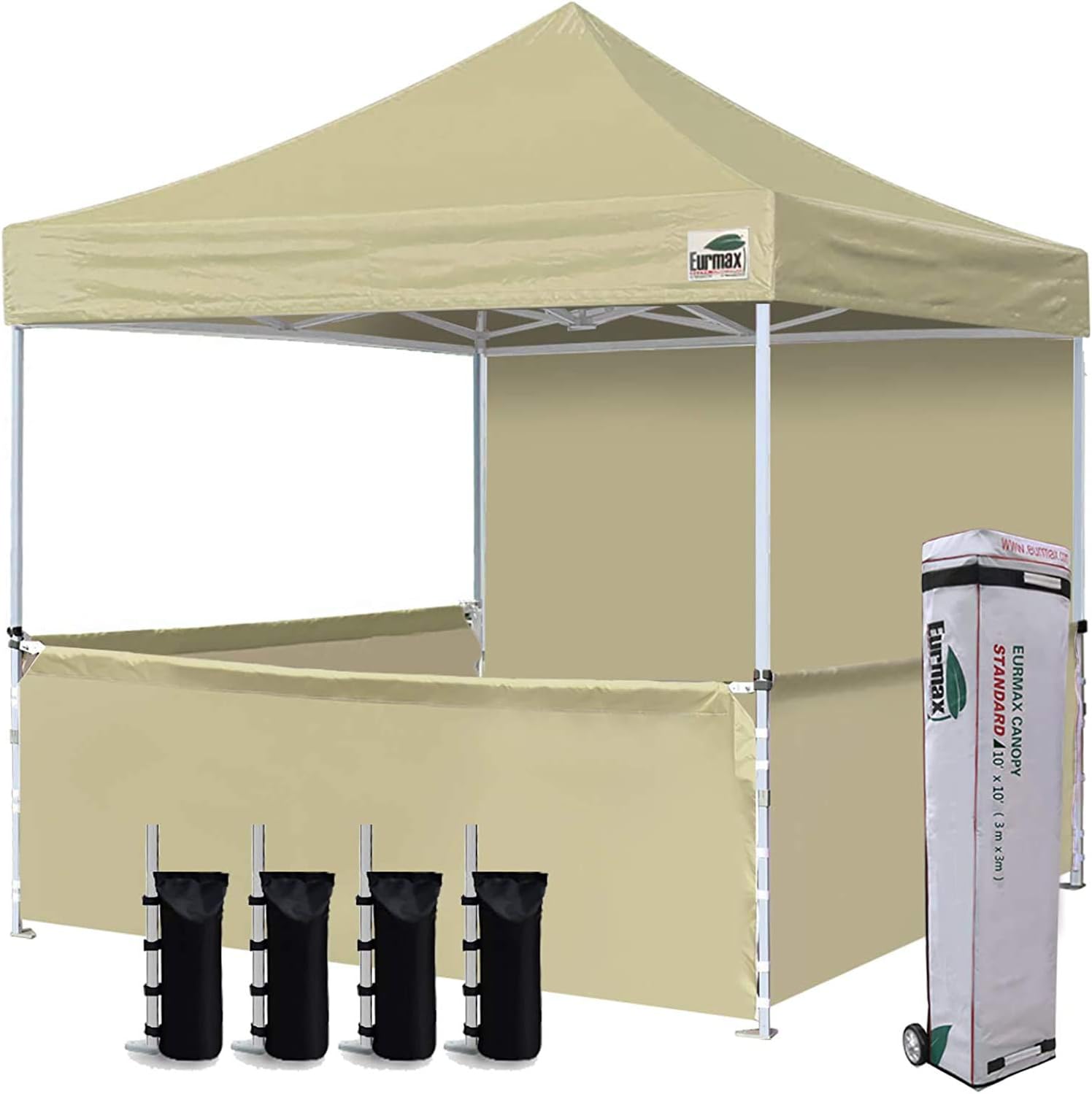 Eurmax USA 10'x10' Ez Pop-up Booth Canopy Tent Commercial Instant Canopies with 1 Full Sidewall & 3 Half Walls and Roller Bag