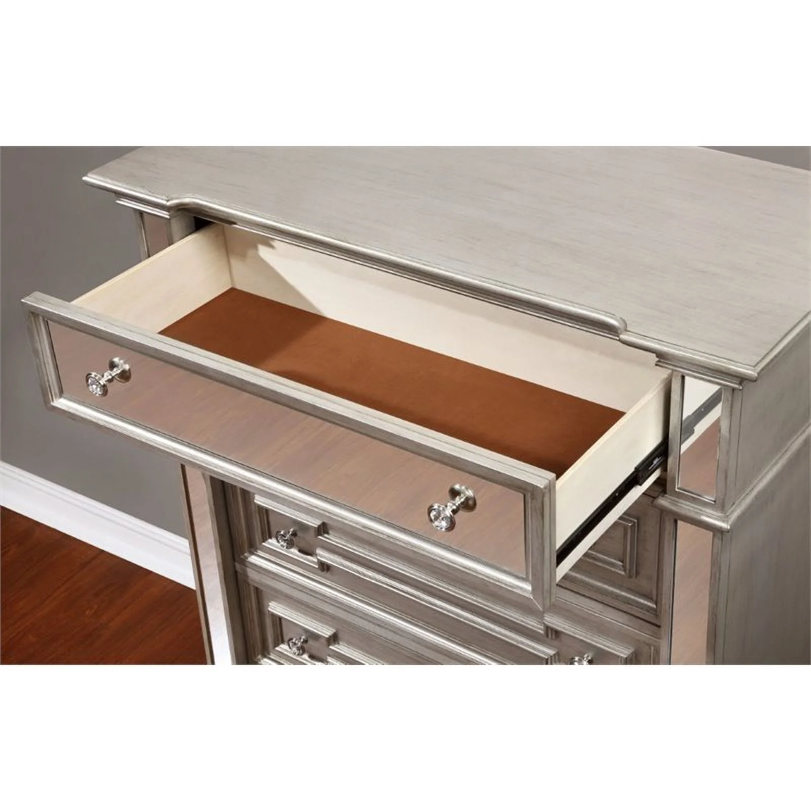 Bowery Hill 5 Drawer Mirrored Chest in Silver