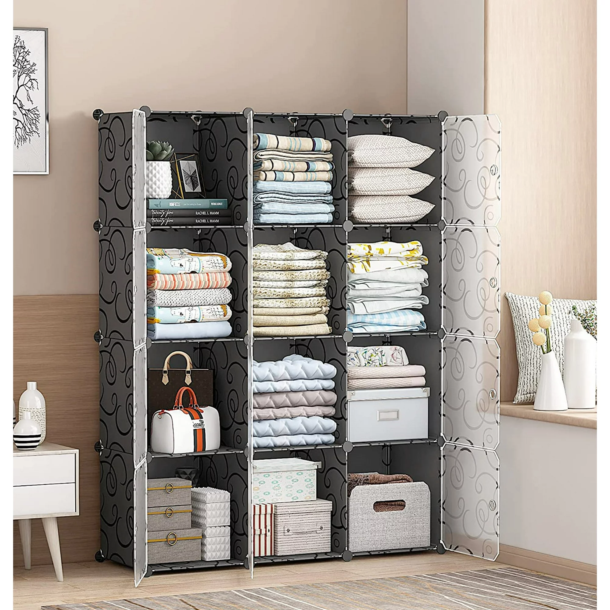 12-Cube DIY Portable Closet Cube Organizers, Plastic Bookshlef Wardrobe Cabinet Storage Organizer W/Doors
