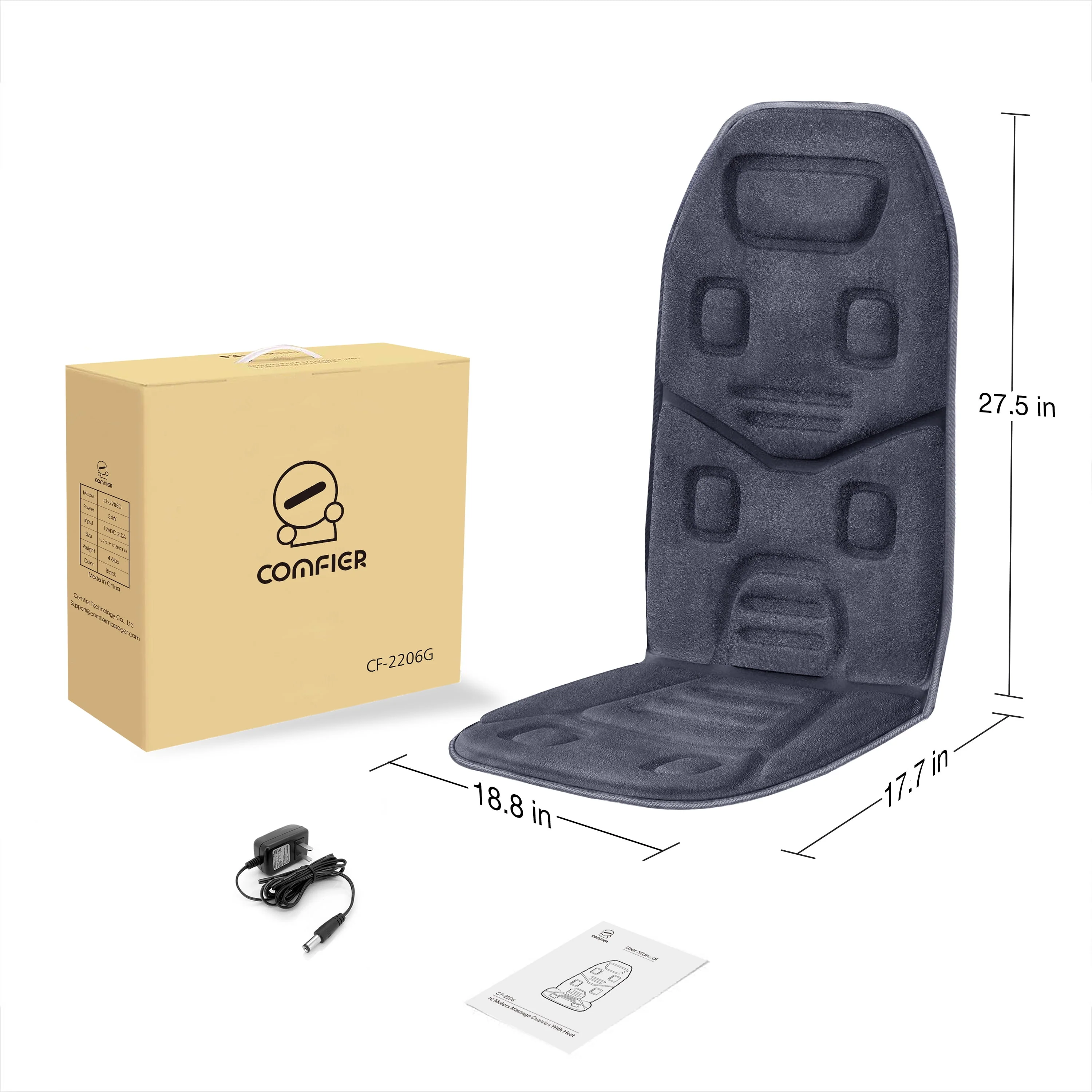 COMFIER Motors Massage Seat Cushion with 3 Level Heating Pad, Back Massager, Black, Gift for Men Women, Home/Car Use