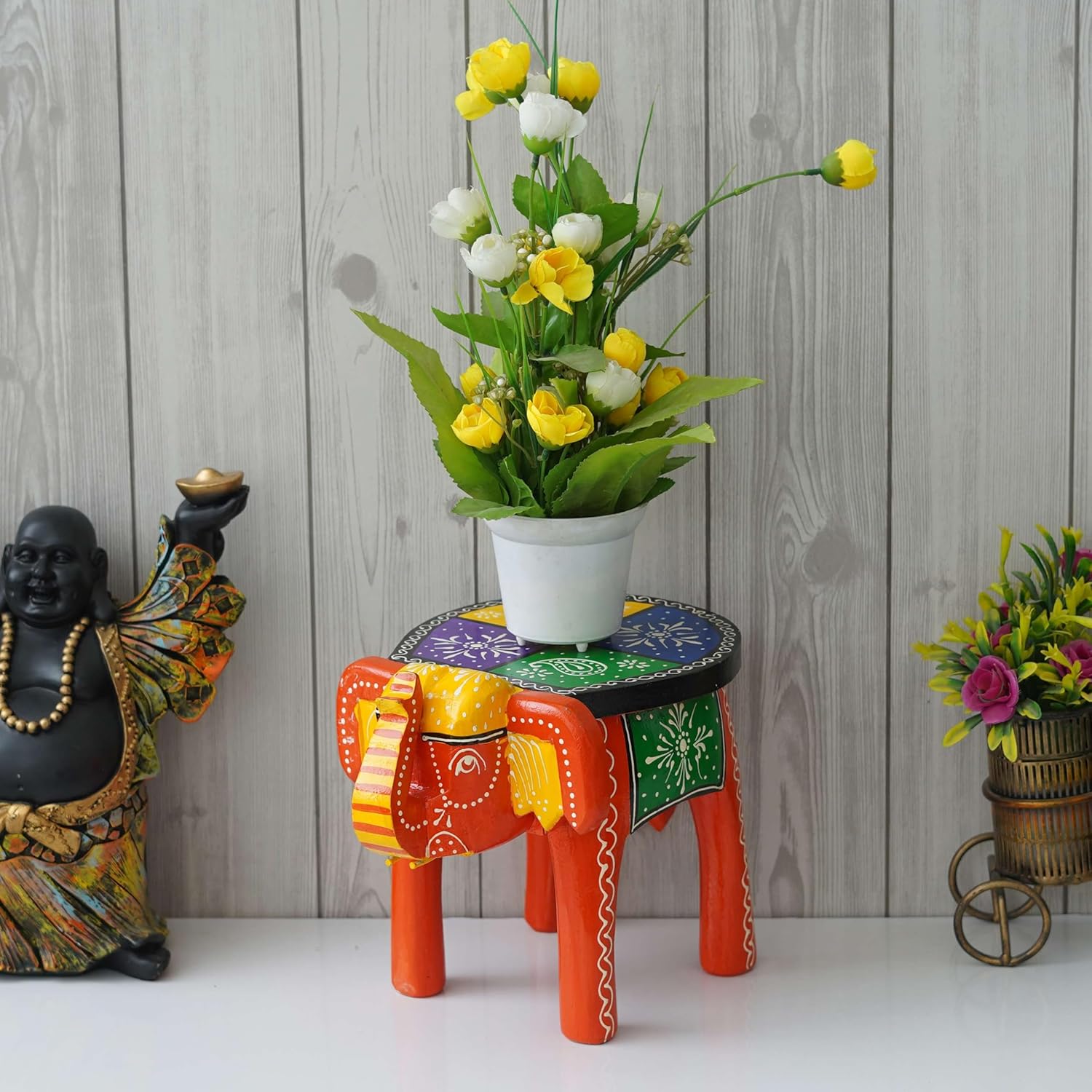 Aashvi Craft Handcrafted and Emboss Painted Colorful Wooden Elephant Shape Stool Table Clourfull -05, Medium