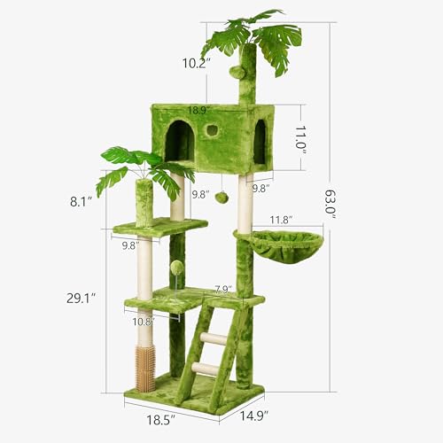 77in Cat Tree with Leaves for Indoor Cats Large Adult,Tall Cat Tower with Scratching Post, Large Cat Tree with Two Cat Condos, Soft Hammocks