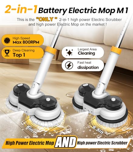 qimedo 800RPM Cordless Electric Mop, 6000mAh Battery Electric Power Scrubber & Mops for Floor Cleaning, Best Automatic Spin Mops with Smart Display