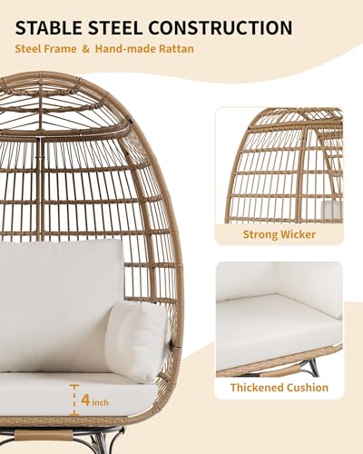 Oversize Wicker Egg Chair with 4 Comfy Cushions, Big Egg Shaped Lounger with Ottoman, Rattan Reading Chairs for Indoor Outdoor Patio Porch Backyard