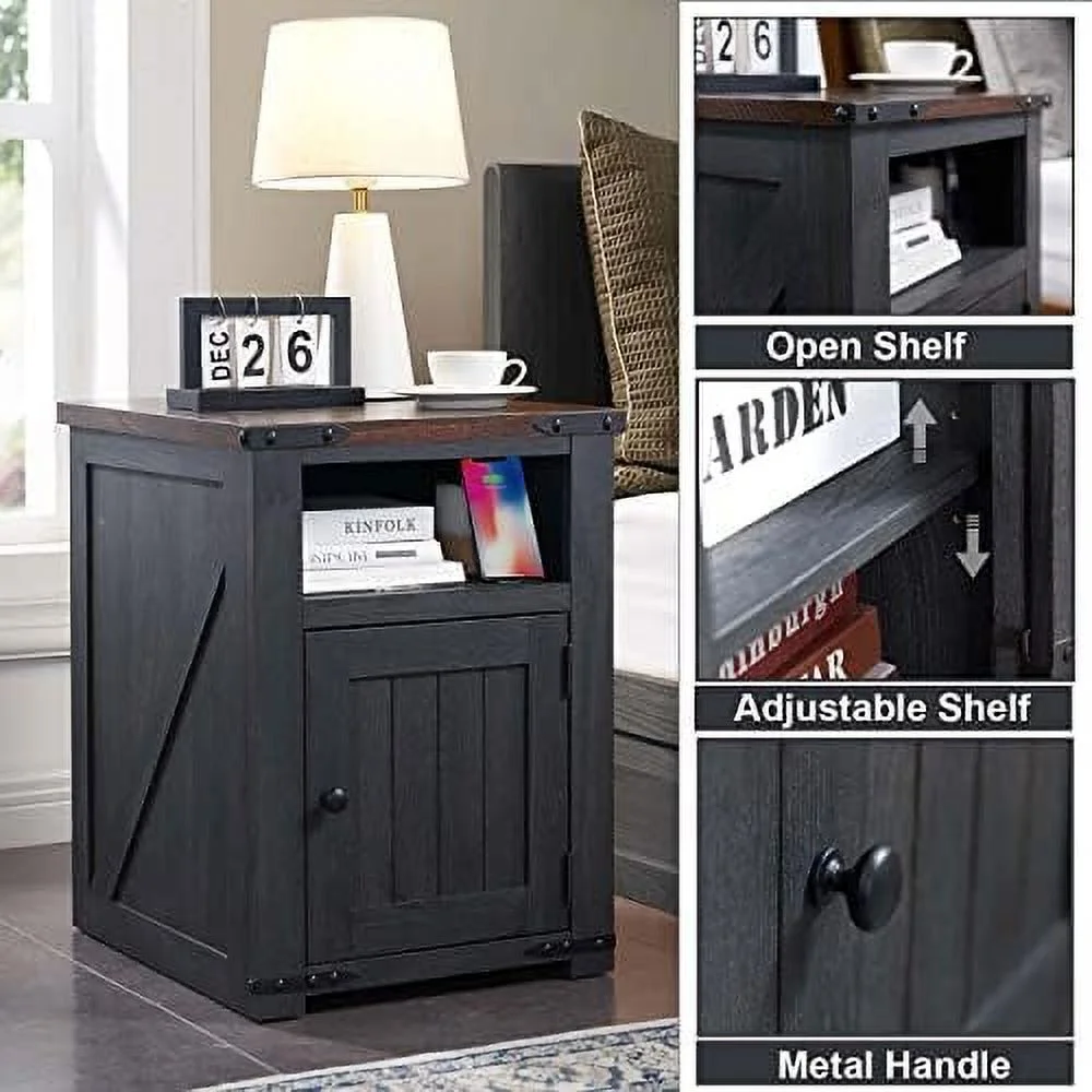 SJOINGB Nightstand with Charging Station  20" Farmhouse End Table w/Groove Barn Door  Rustic Wood Sofa Side Bedside Table w/Open &amp