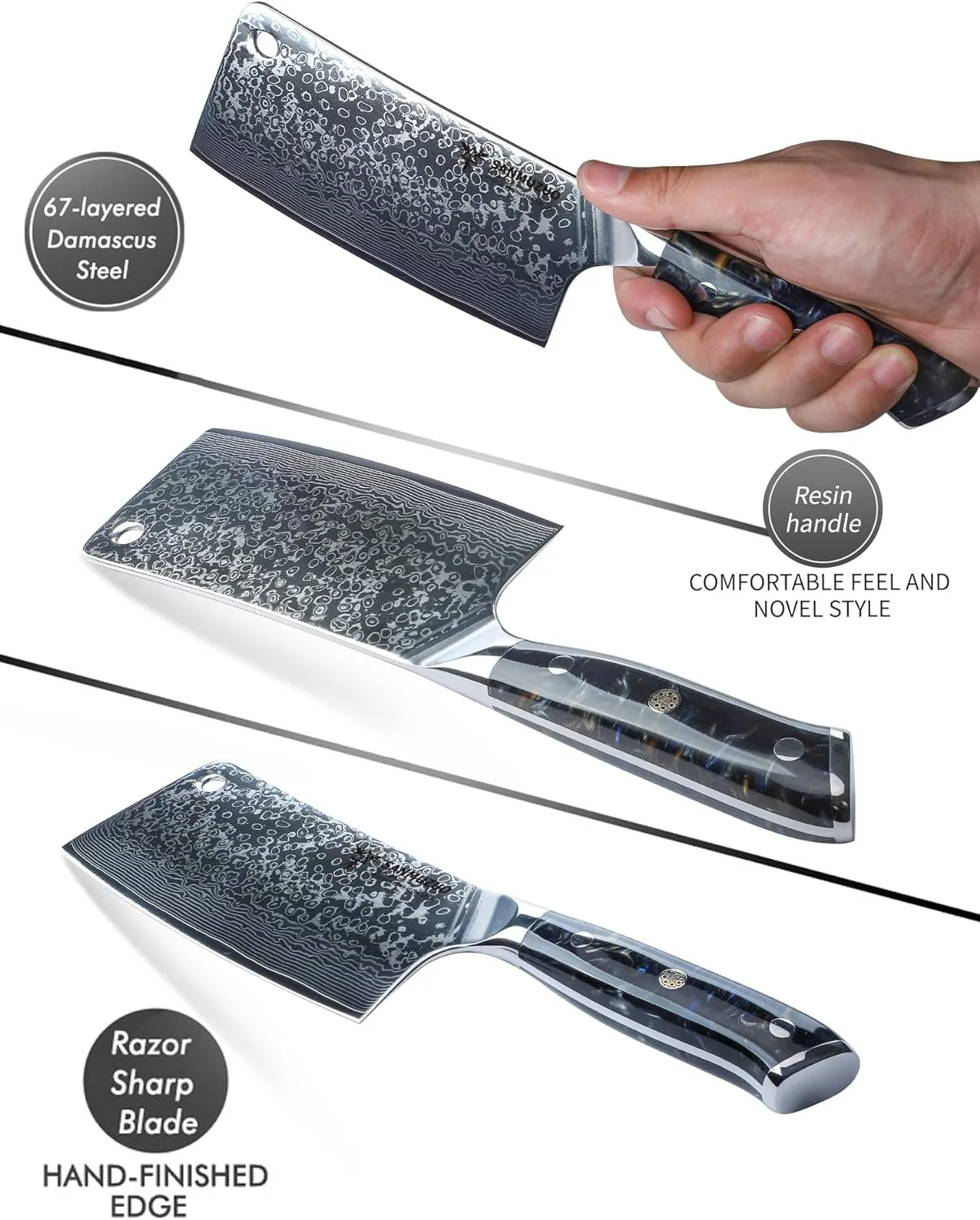 FJU Chopping Knife - 7 inch Cleaver Knife- Xuan Series - VG10 Damascus Steel Kitchen Knife - Resin Handle (Starry Black)